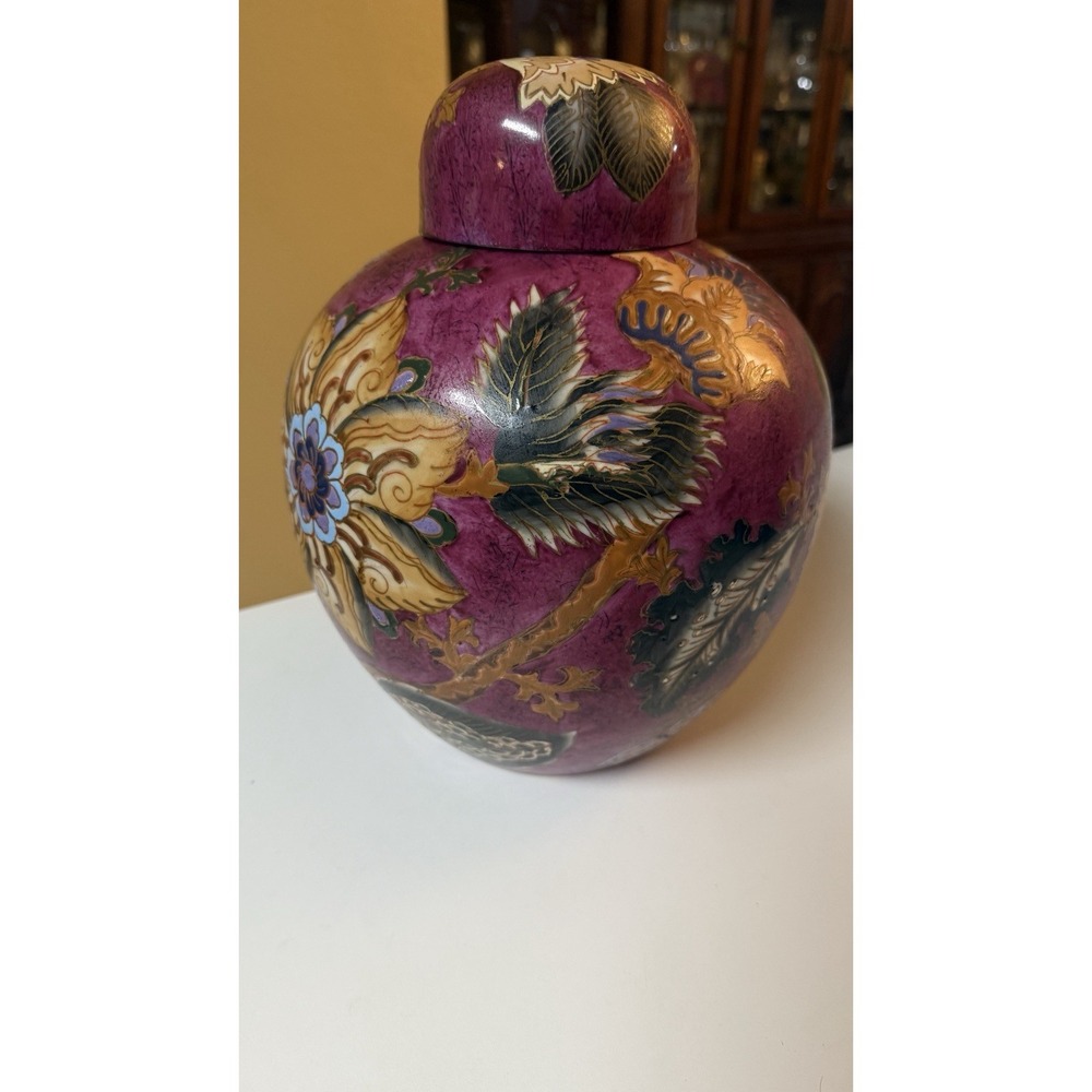 Vintage Hand painted Chinese Vase W Lid pottery With Floral &‎ Butterfly Accents